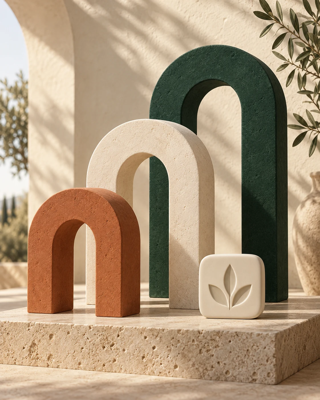 Three sculptural archways in forest green, ivory and clay, arranged on a sunlit stone platform.